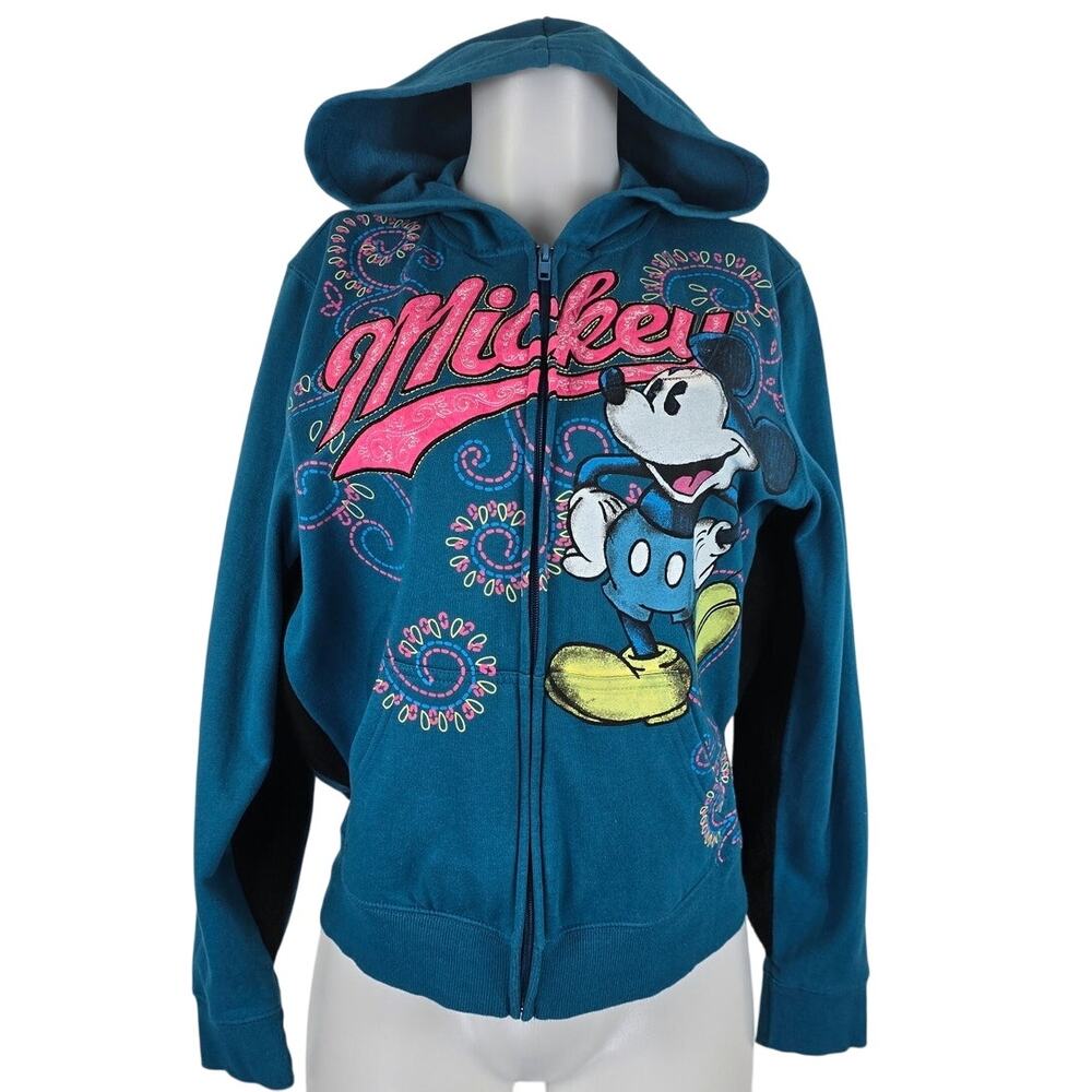 Disney Mickey Mouse Turquoise Semi Embroidered Full Zip Hooded Women's Jacket S